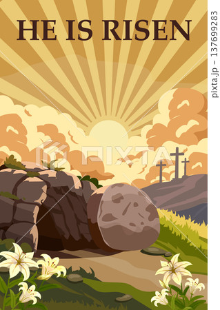 He Is Risen Empty Tomb with Sunrise and Crosses Easter Christian 137699283