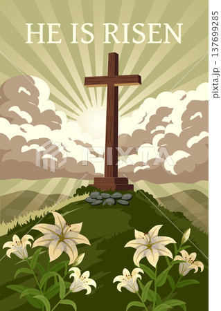 He Is Risen Poster Easter Cross with Lily Flowers and Sun Rays He Is Risen Poster Easter Cross with Lily Flowers and Sun Rays 137699285