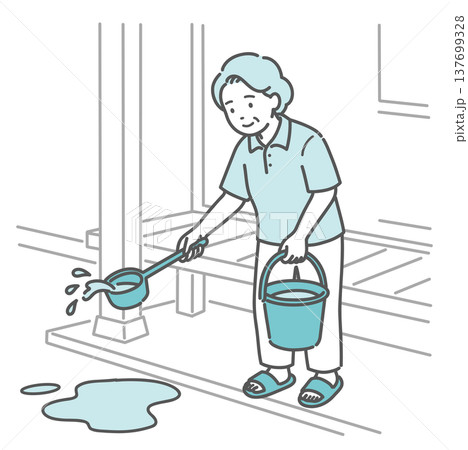 縁側で打ち水をして涼をとる高齢女性（おばあちゃん）のイラスト 137699328
