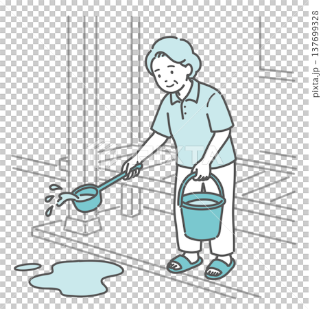 縁側で打ち水をして涼をとる高齢女性（おばあちゃん）のイラスト 137699328