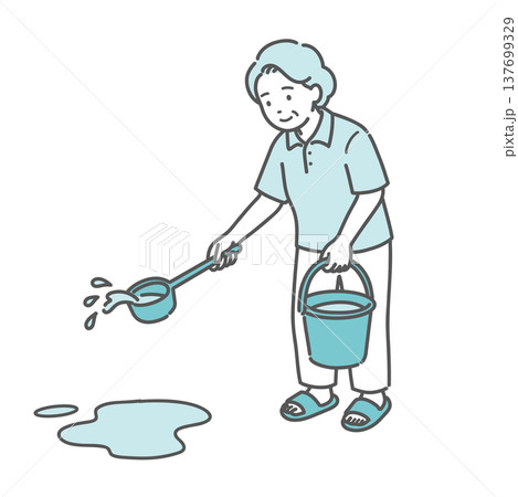 熱中症対策に打ち水をするシニア女性（おばあちゃん）のイラスト 137699329