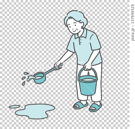 熱中症対策に打ち水をするシニア女性（おばあちゃん）のイラスト 137699329