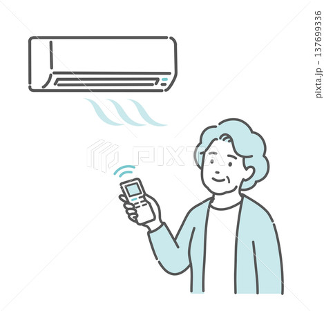 エアコン(冷房)で室温調節をする高齢女性のイラスト エアコン(冷房)で室温調節をする高齢女性のイラスト 137699336