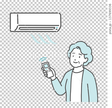 An illustration of an elderly woman adjusting the room temperature with an air conditioner (cooling). An illustration of an elderly woman adjusting the room temperature with an air conditioner (cooling). 137699336