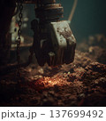 Close-up of mechanical grabber picking up nodules, hands of robot visible, ocean floor textures.  137699492