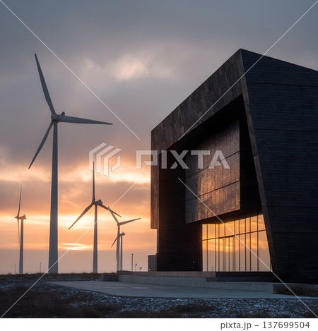 Minimalist black modern building with solar facade, standing near wind farm with multiple turbines, dramatic sunset light Minimalist black modern building with solar facade, standing near wind farm with multiple turbines, dramatic sunset light 137699504