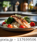 Healthy plate with salmon, brown rice, broccoli and cherry tomatoes, served on ceramic plate, bright kitchen background, 137699506