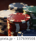 3D poker chips stacked on a felt table, subtle ambient reflections, shallow depth of field emphasizing textures and details, 137699508
