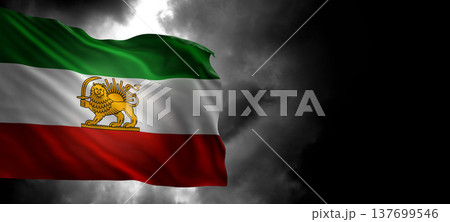 Waving Former National Flag of Iran with Lion and Sun Emblem in dark clouds, Pahlavi Era 137699546