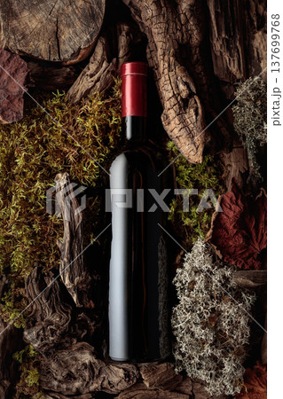 Bottle of red wine against a backdrop of moss and dry driftwoods. 137699768