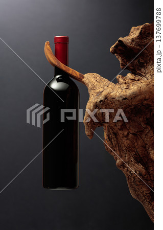 Unopened bottle of red wine and old weathered snag. 137699788