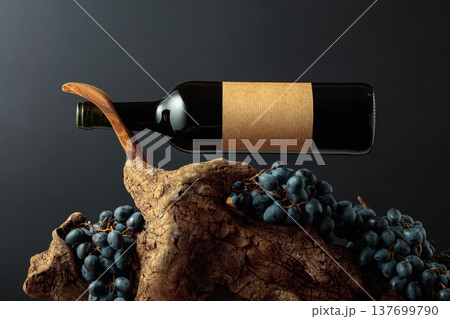 Unopened bottle of red wine, blue grapes, and old weathered snag. Unopened bottle of red wine, blue grapes, and old weathered snag. 137699790