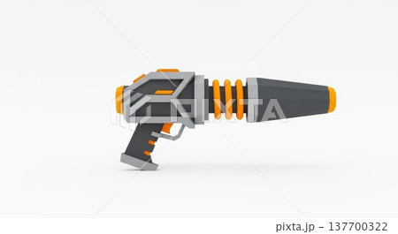 Futuristic toy ray gun with orange and gray design on white background 137700322