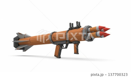 Rustic bazooka style rocket launcher with triple missile design on white background 137700323