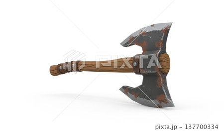 Rustic double-edged battle axe with wooden grain handle isolated on white background 137700334