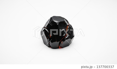 Shiny black lava rock with cracks and red glowing lava on white background 137700337