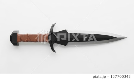 Low-poly dagger with black blade and brown handle on white background 137700345