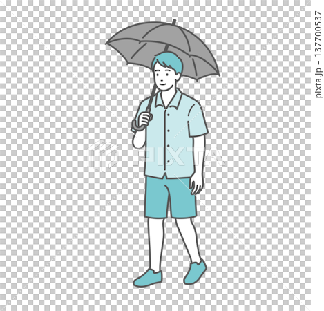 日傘をさして歩く男性のイラスト（日傘男子・熱中症対策） 137700537