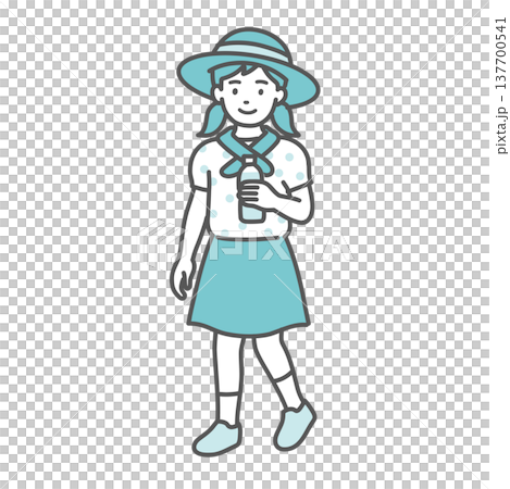 帽子・ネッククーラー・水分補給で熱中症対策をする女の子のイラスト 137700541