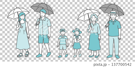 熱中症対策をする家族・全世代(子供・大人・シニア)のセットイラスト 熱中症対策をする家族・全世代(子供・大人・シニア)のセットイラスト 137700542