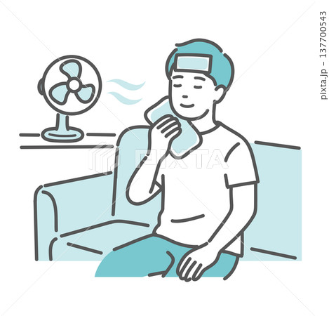 扇風機や保冷剤で身体を冷やす男性のイラスト(熱中症の応急処置・冷却) 扇風機や保冷剤で身体を冷やす男性のイラスト(熱中症の応急処置・冷却) 137700543