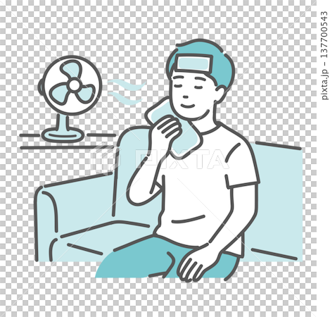 扇風機や保冷剤で身体を冷やす男性のイラスト(熱中症の応急処置・冷却) 扇風機や保冷剤で身体を冷やす男性のイラスト(熱中症の応急処置・冷却) 137700543