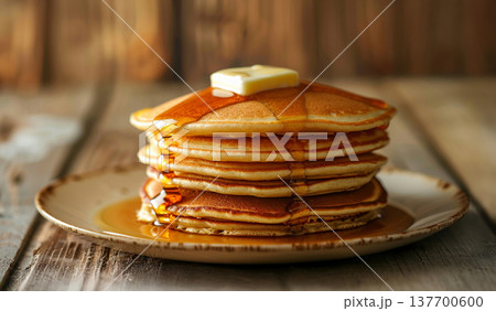 メープルシロップのふわふわパンケーキ朝食背景 AI画像 メープルシロップのふわふわパンケーキ朝食背景 AI画像 137700600