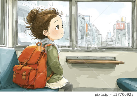 電車の窓から街を眺める女の子｜お出かけ中のやさしい日常イメージ 137700925
