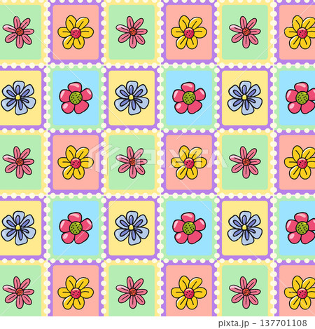 Colorful flower postage stamp seamless pattern 137701108