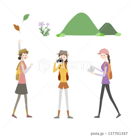 アウトドアファッションでポーズをとる女性たちのセット 137701387