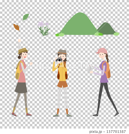 アウトドアファッションでポーズをとる女性たちのセット 137701387