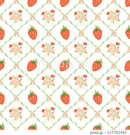 Coquette strawberry bow summer seamless pattern. Vector preppy wallpaper, trellis berry print Coquette strawberry bow summer seamless pattern. Vector preppy wallpaper, trellis berry print 137701445