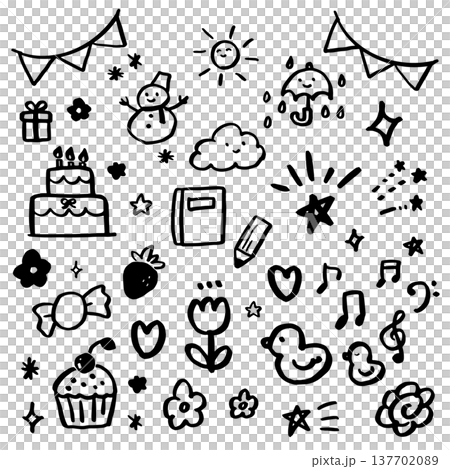 Set of hand drawn ornaments. Illustrations of emotions such as stars, hearts, attention, musical notes, etc. Vector icons of comic symbols and symbols. 137702089