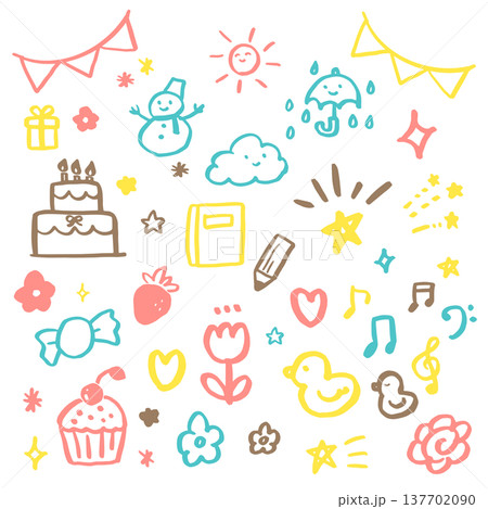 手描きの装飾セット。星、ハート、注目、音符などの感情を表すイラスト。漫符や記号のベクターアイコン。 137702090