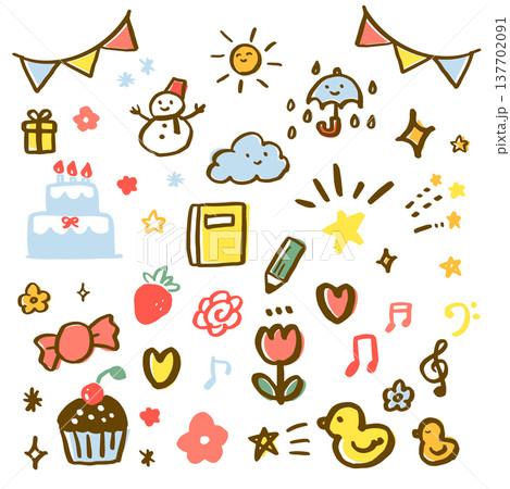 手描きの装飾セット。星、ハート、注目、音符などの感情を表すイラスト。漫符や記号のベクターアイコン。 137702091