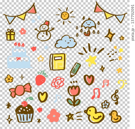一組手繪裝飾圖案。包含星星、愛、注意力、音符等各種情緒的插圖。以及漫畫符號和各種標誌的向量圖示。 137702091