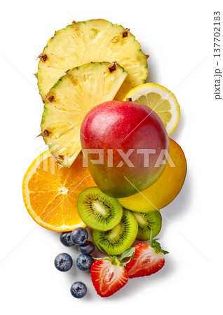 Vitamin C rich fruits arranged on white background, top view 137702183