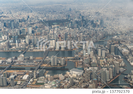 飛行機から見下ろす、お台場エリアとレインボーブリッジの俯瞰風景 137702370