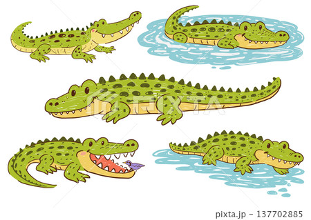 Crocodile cartoon set with funny baby alligators in childlike hand drawn style Crocodile cartoon set with funny baby alligators in childlike hand drawn style 137702885