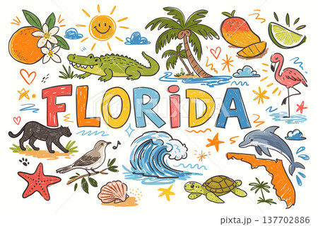 Florida symbols doodle set with alligator, flamingo, orange blossom and palm 137702886