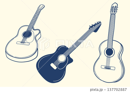 Guitar outline set with acoustic and electric instruments in vintage line style Guitar outline set with acoustic and electric instruments in vintage line style 137702887