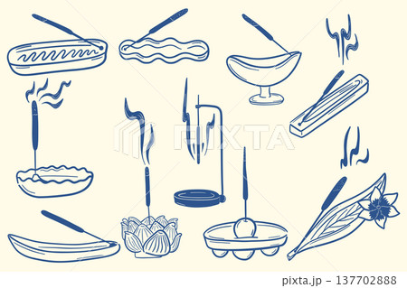 Incense sticks and holders outline set for meditation and aromatherapy in zen line style 137702888