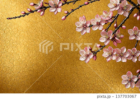 桜の和風背景　金色の日本風テクスチャと桜の花 137703067