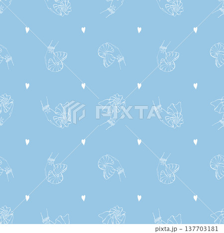 Seamless shell pattern. A womans hand with bracelets holds a seashell. Hand-drawn white illustrations on a blue background. Nautical pastel design. Coastal and beach theme. Vector outline background. Seamless shell pattern. A womans hand with bracelets holds a seashell. Hand-drawn white illustrations on a blue background. Nautical pastel design. Coastal and beach theme. Vector outline background. 137703181
