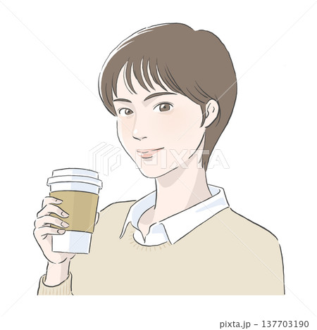 コーヒーを手に持つショートの女性のイラスト 137703190