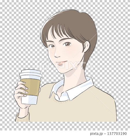コーヒーを手に持つショートの女性のイラスト 137703190