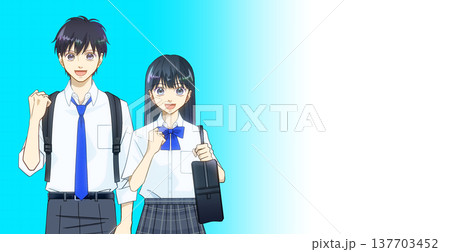 明るい笑顔でリュックとスクールバッグを持つ夏服の学生のアニメ風イラスト 明るい笑顔でリュックとスクールバッグを持つ夏服の学生のアニメ風イラスト 137703452