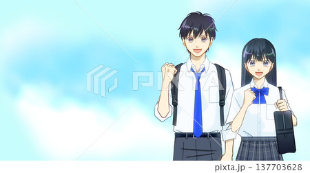 さわやかな青空、夏服の高校生または中学生の男女のアニメ風イラスト 137703628