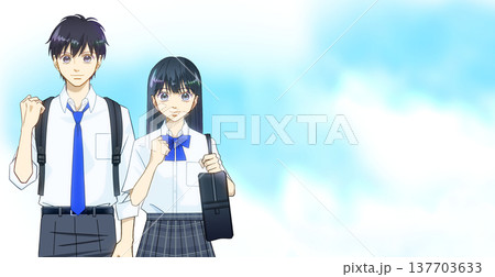 さわやかな青空、夏服の高校生または中学生の男女のアニメ風イラスト 137703633