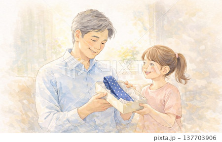 父の日にプレゼントを渡す子どもと父親のイラスト 137703906